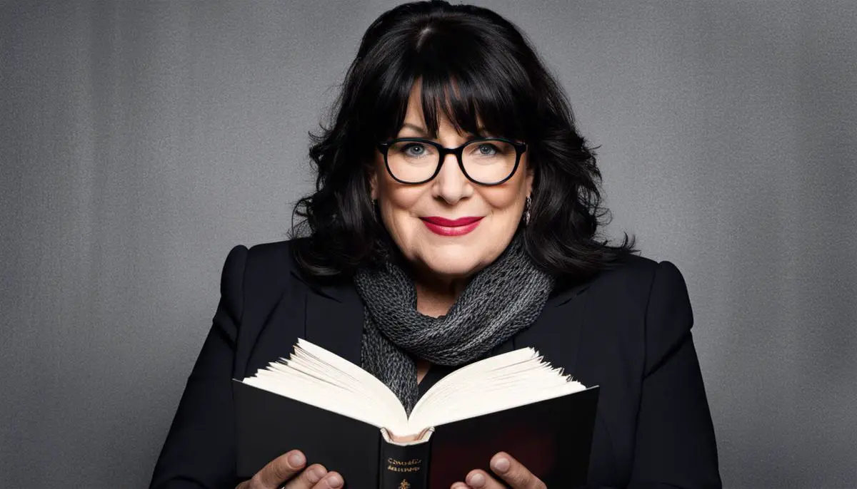 Imagem da autora E.L. James com um fundo de tons de cinza, representando seu livro 'Cinquenta Tons de Cinza'.