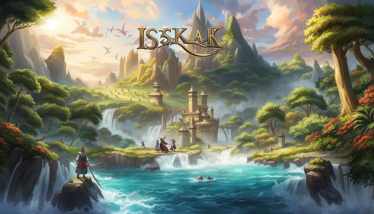 An image showing the definition of Isekai with the words 'Isekai' written in stylized fantasy font, surrounded by magical and fantastical elements.