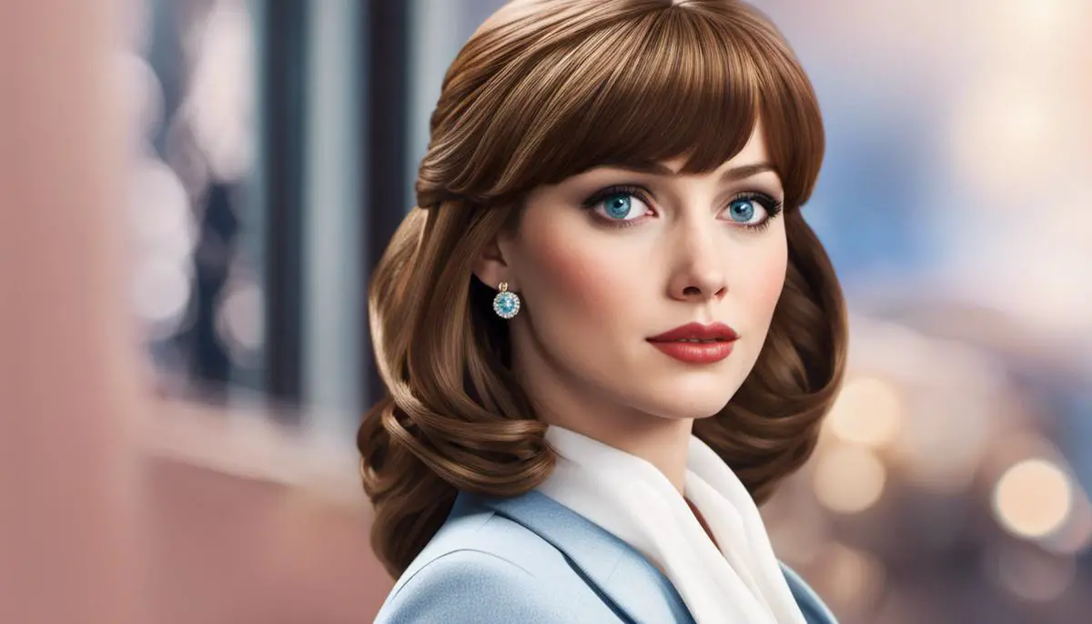 Imagem da personagem Anastasia Steele com cabelos castanhos claros e olhos azuis.