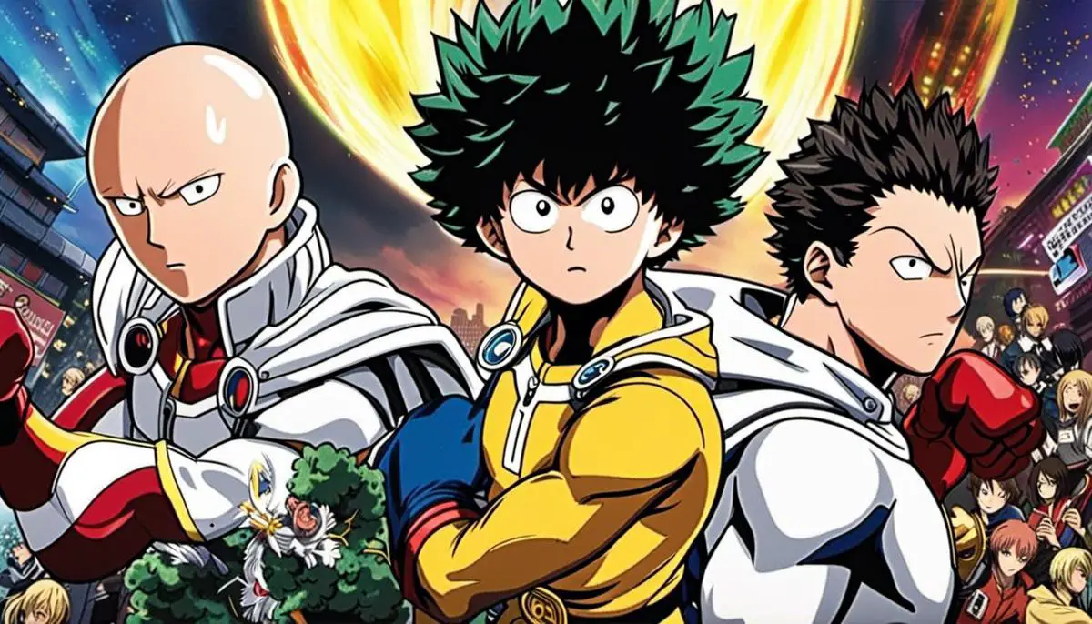 Imagem representando dois personagens de animes populares, One Punch Man e My Hero Academia.