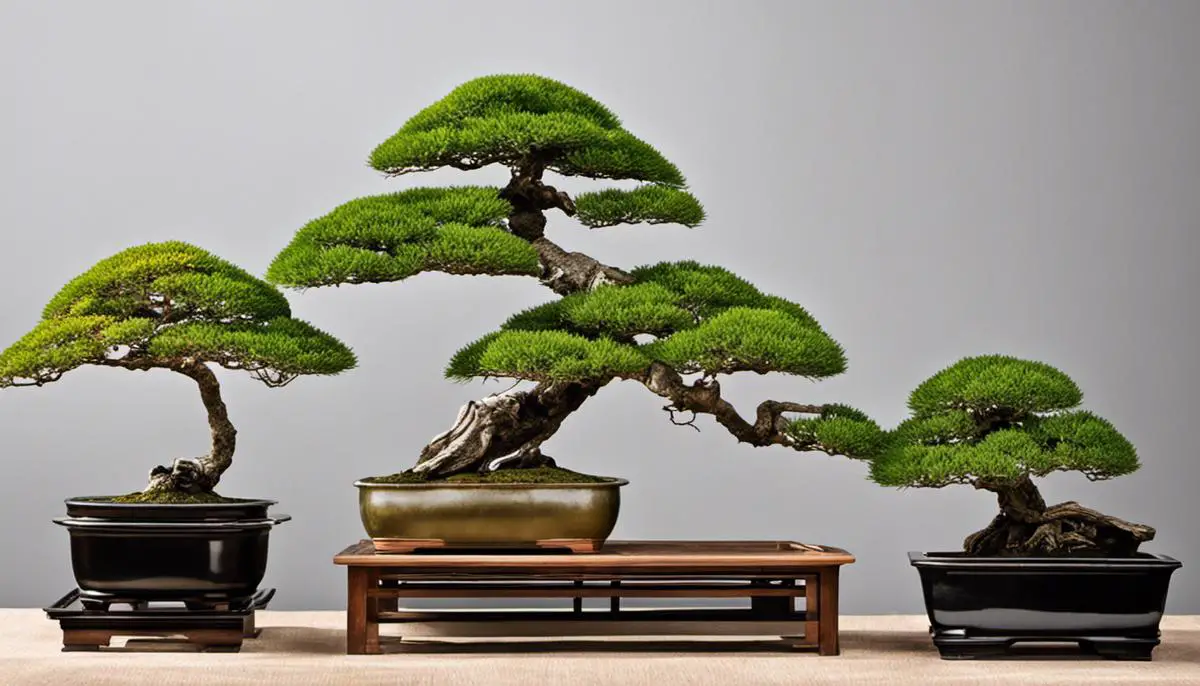 Uma imagem de um bonsai japonês em um pote, exibindo um estilo formal upright com galhos diminuindo em tamanho perto do topo.