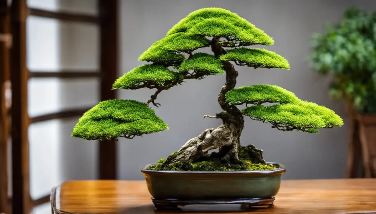 Uma imagem de um Bonsai Japonês em um vaso, mostrando a miniatura de uma árvore cheia de folhas verdes e pequenos ramos