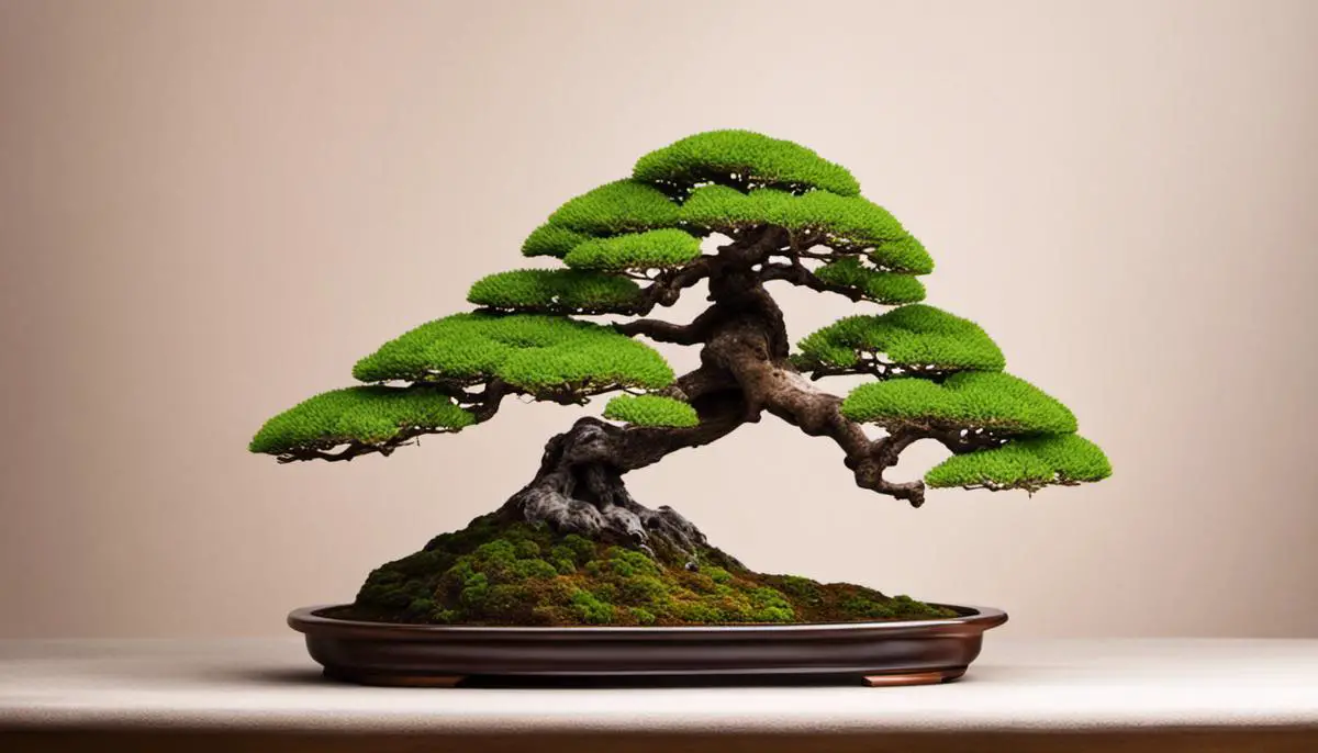 Imagem de um lindo bonsai japonês com várias folhas e um delicado tronco, representando a natureza em miniatura.