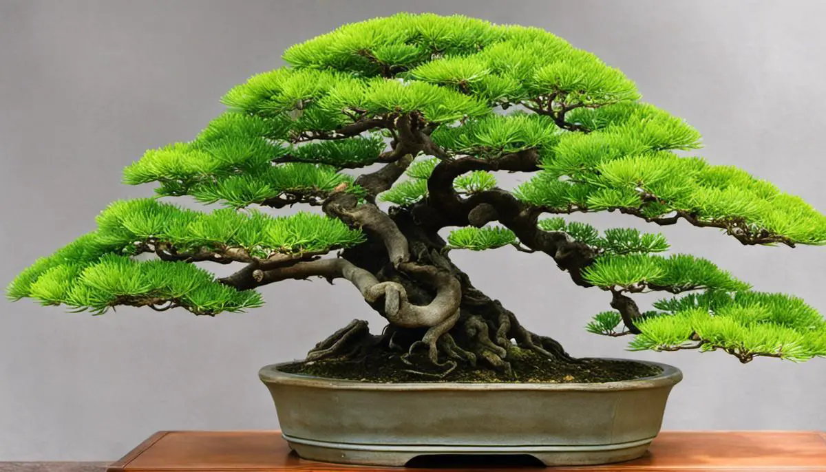 A beautiful bonsai tree with intricate branches and green leaves.