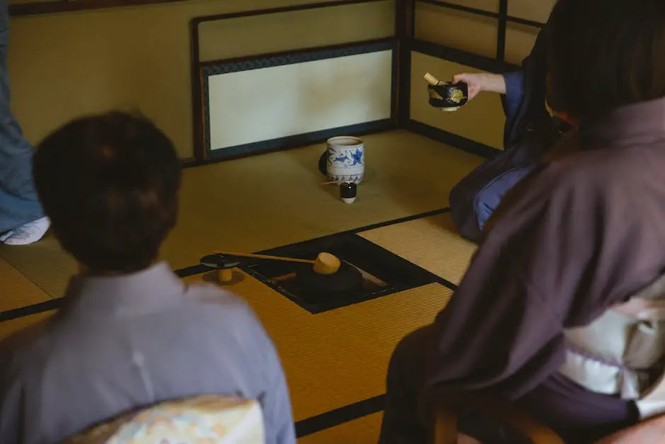 Imagem ilustrativa de uma cerimônia do chá no Japão, com pessoas sentadas ao redor de uma mesa preparando e servindo chá, em um ambiente tranquilo e esteticamente agradável.