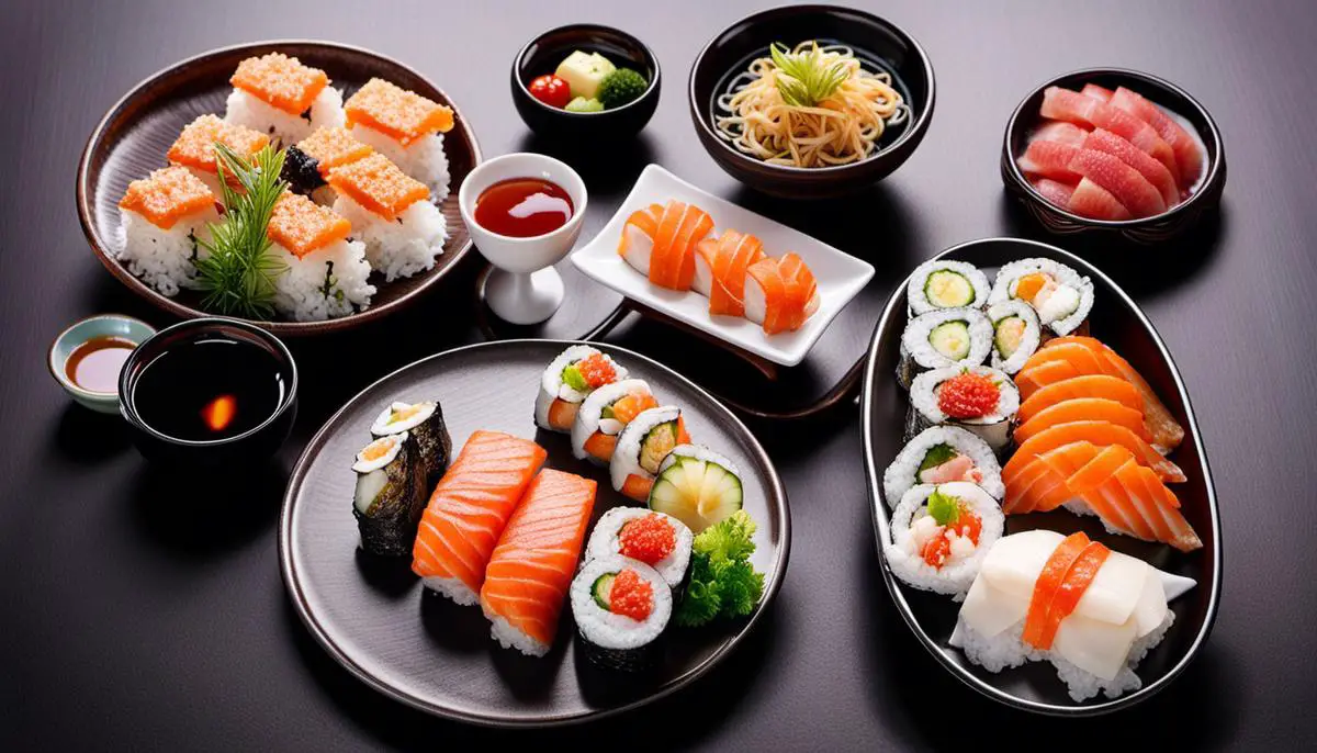 Uma imagem de uma variedade de pratos de comida japonesa, incluindo sushi, sashimi, tempura, ramen e yakitori.