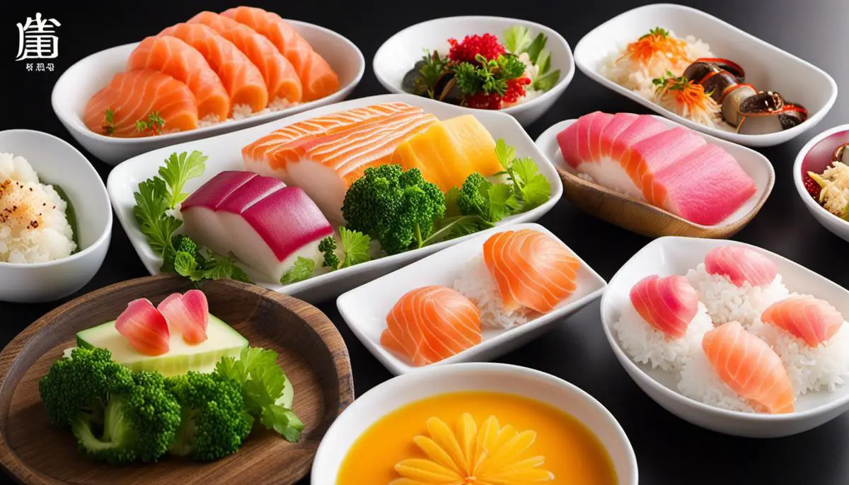 Uma imagem de deliciosos pratos japoneses com ingredientes frescos e coloridos, apresentados de maneira esteticamente agradável.