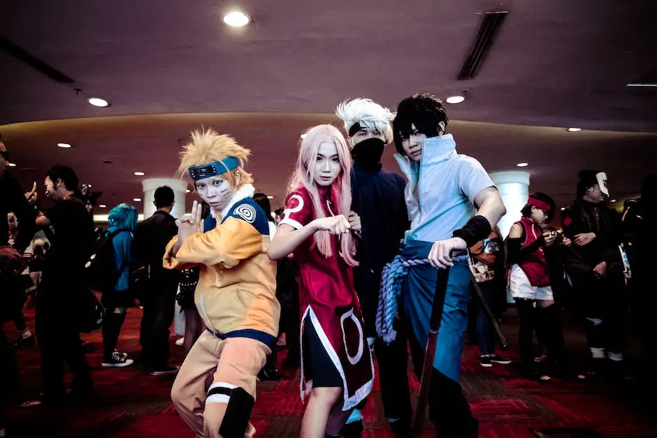 Image of people in cosplay costumes standing together at a convention. They are dressed as various anime characters.