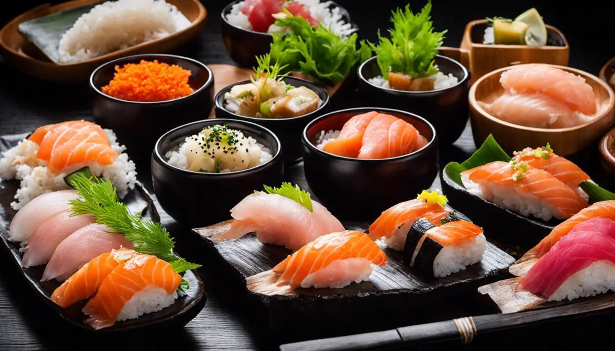 Uma imagem que mostra uma seleção de pratos da culinária japonesa, incluindo sushi, sashimi, ramen e tempura. O prato de sushi é composto por fatias de peixe cru sobre um arroz temperado. O sashimi consiste em fatias de peixe cru servidas com molho de soja e wasabi. O ramen é uma sopa de macarrão com acompanhamentos variados, como carnes e legumes. O tempura é um prato frito composto por peixes e legumes envoltos em uma massa leve e crocante.