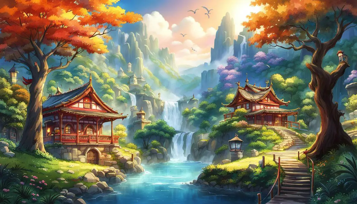 Imagem que mostra uma ilustração de um anime de fantasia com paisagens místicas e criaturas imaginárias.