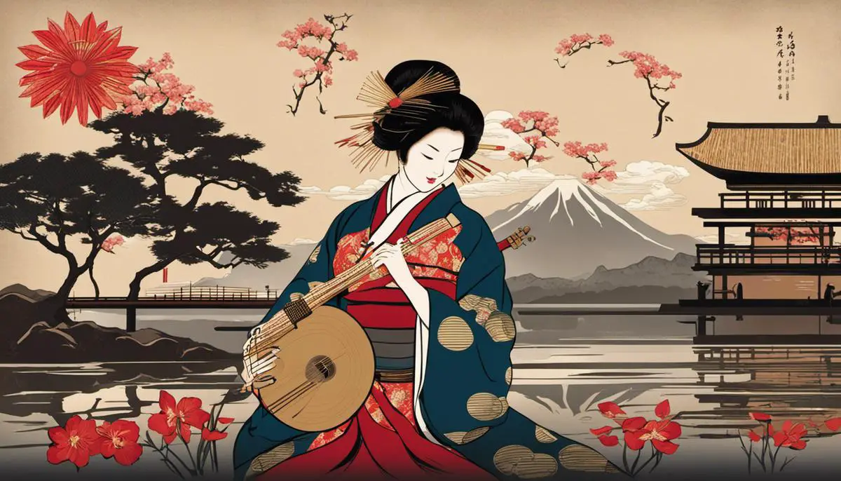 Illustration showcasing different genres of Japanese music, with a variety of traditional and modern instruments.