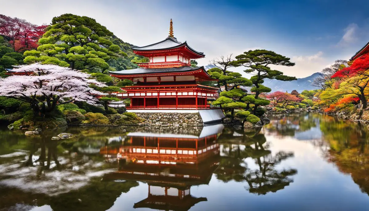 Image of the beautiful Japanese temples in different seasons.