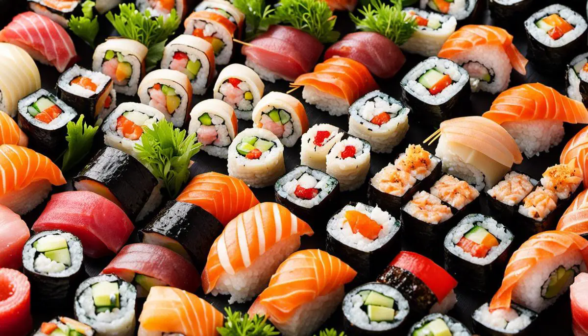 A bamboo mat filled with different types of sushi rolls, sashimi, and nigiri, representing the diversity and artistry of Japanese cuisine