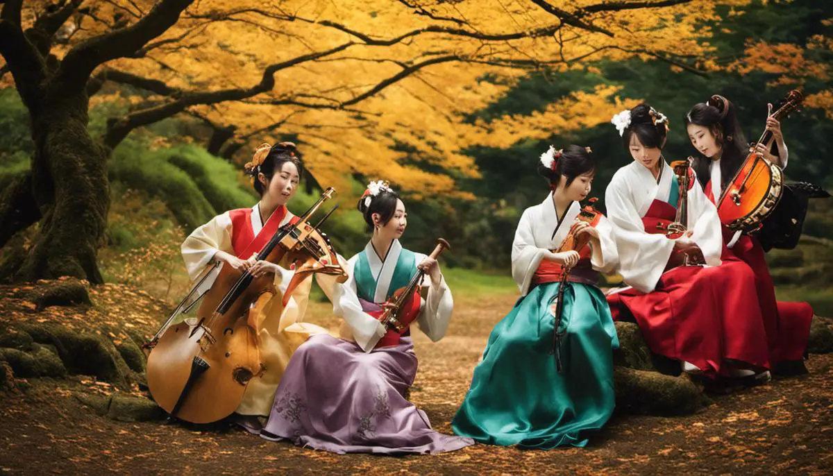 A imagem mostra artistas japoneses tocando diferentes instrumentos musicais, representando a diversidade da música japonesa.