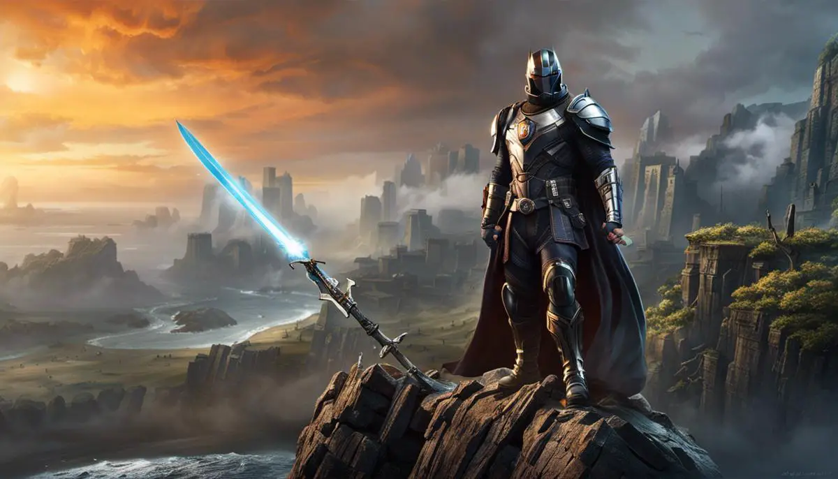 A imagem mostra um cenário futurista com um personagem principal empunhando uma espada virtual.