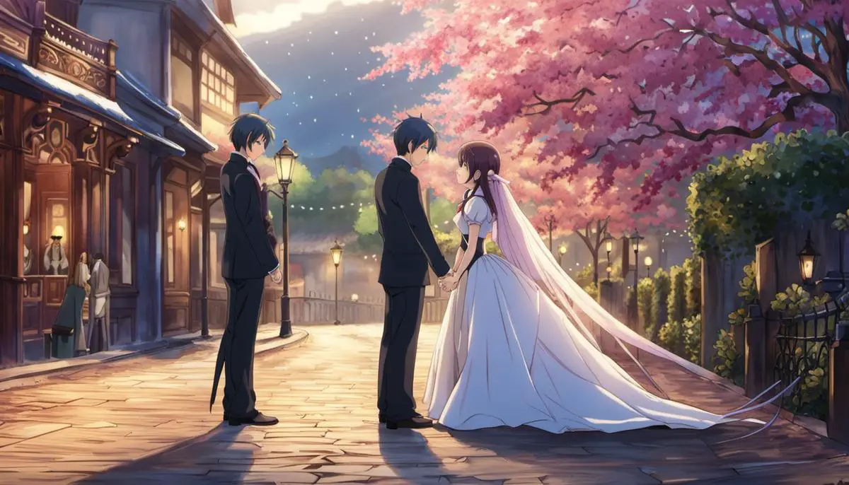 Imagem mostrando um casal de anime se beijando em um cenário romântico.