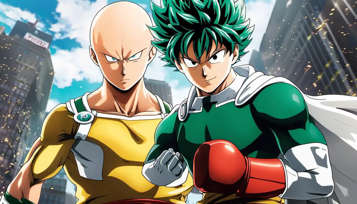 Image comparing Saitama and Midoriya, showcasing their contrasting personalities and abilities.