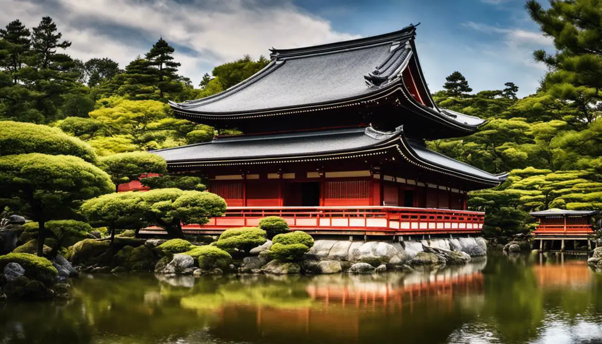 Picture of a traditional Japanese temple surrounded by a beautifully landscaped garden with trees and a pond.